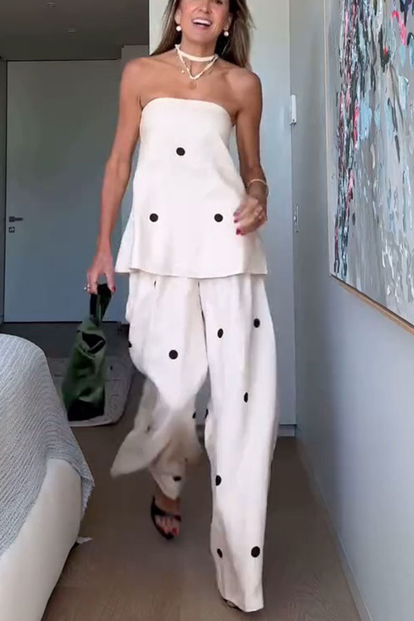 Linen Blend Polka Dot Bandeau Top and Elastic Waist Pocket Wide Leg Pants Set