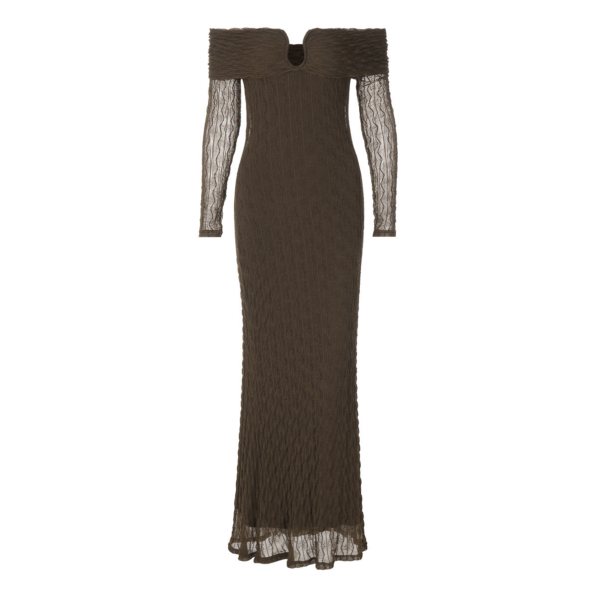 Off-Shoulder Plunge V-Neck Crinkle Texture Long Sleeve Bodycon Maxi Dress