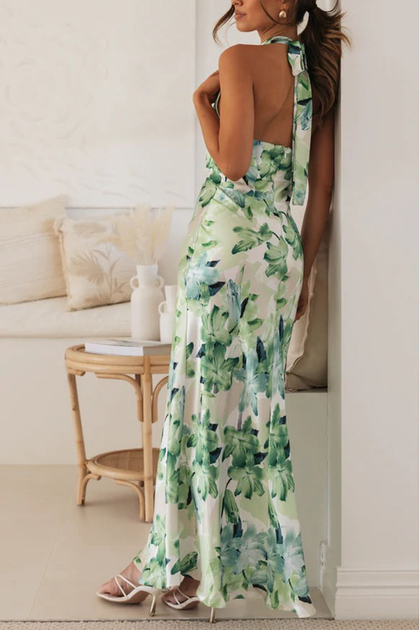 Happier Now Satin Floral Halter Maxi Dress