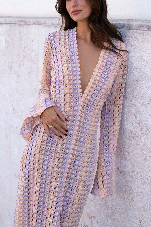 Eleanor Knit Colorful Wave Unique Print Shirt U-neck Long Sleeve Slit Maxi Dress