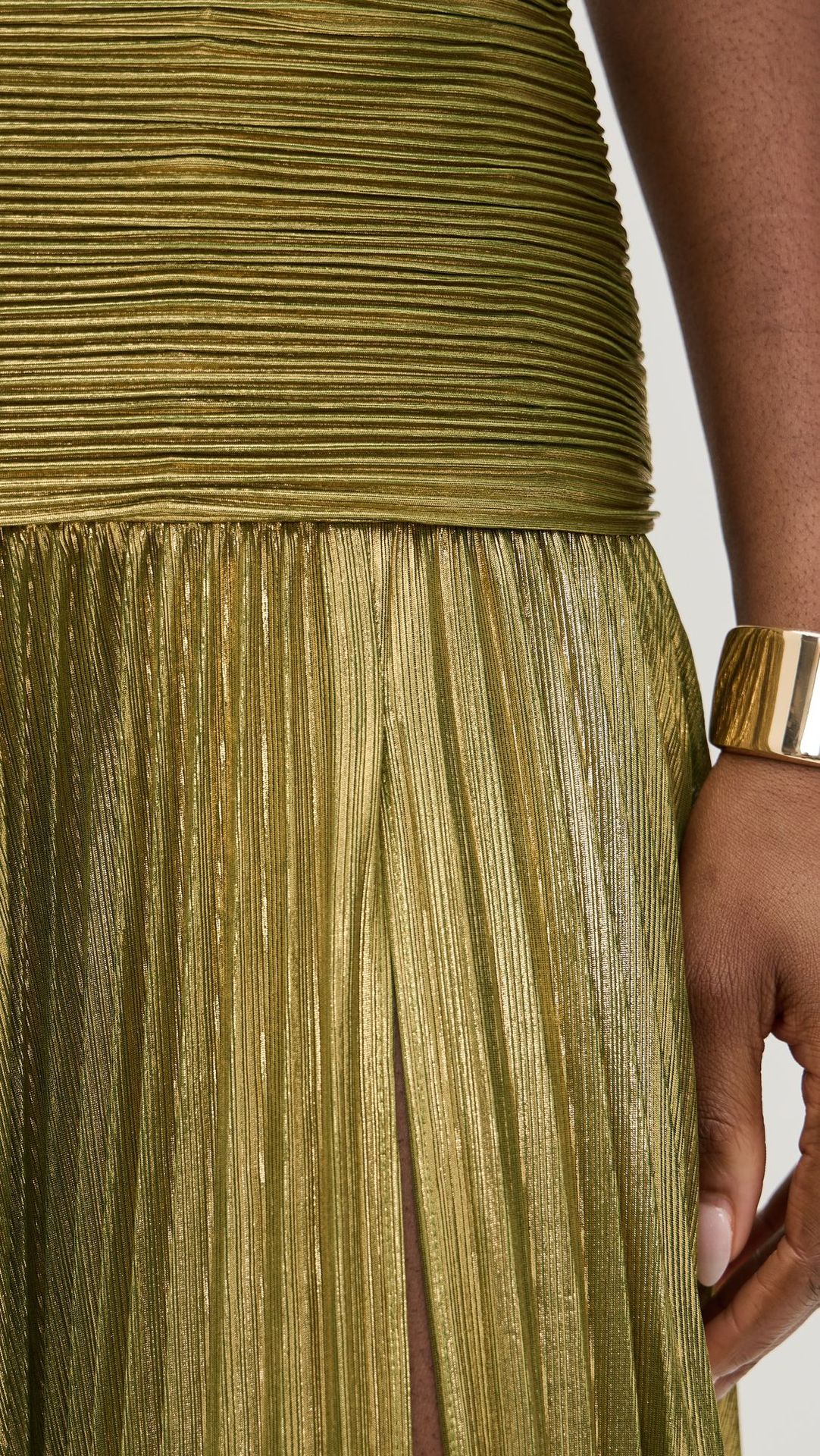 Glamorous Metallic Pleated Fabric Open Back Halter Slit Maxi Dress