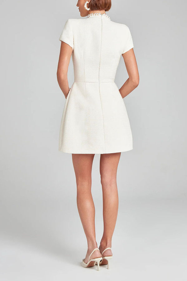 Exquisite and Playful Tweed Fabric Pearl Trim Short Sleeve Pocketed Mini Dress