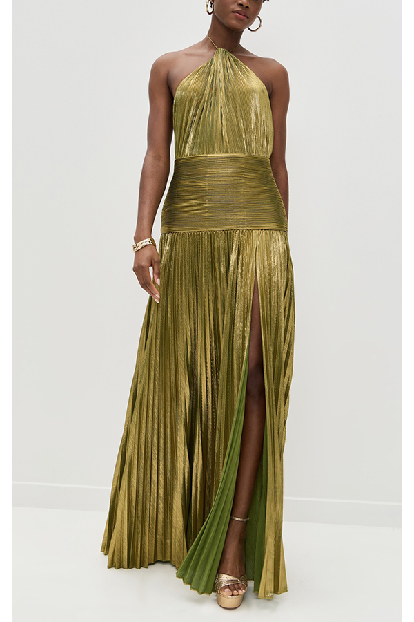 Glamorous Metallic Pleated Fabric Open Back Halter Slit Maxi Dress