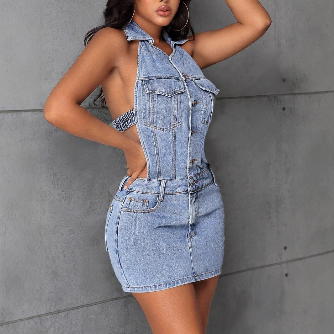 Denim Halter Neck Collar Button Front Backless Mini Dress