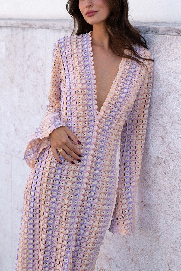 Eleanor Knit Colorful Wave Unique Print Shirt U-neck Long Sleeve Slit Maxi Dress