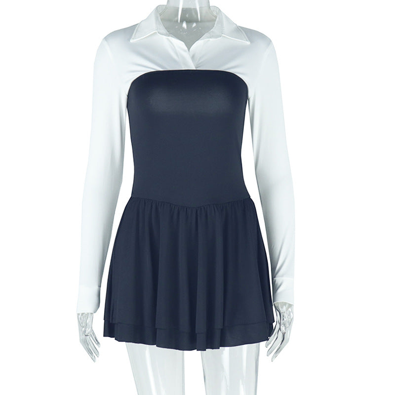 Collared Shirt Layered Strapless Tiered Ruffle Mini Dress Faux Two-Piece Set