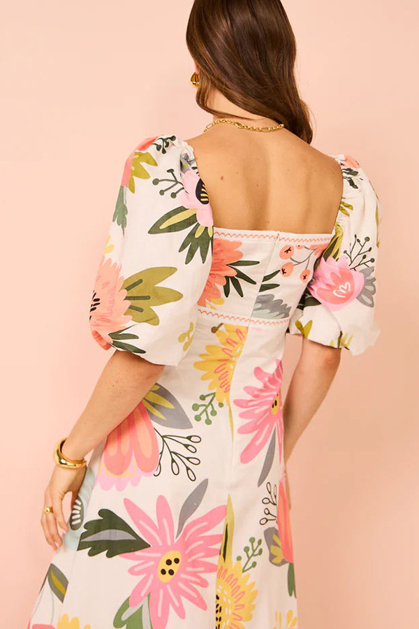 Embrace The Glamour Linen Blend Unique Print Puff Sleeve Pocketed Maxi Dress