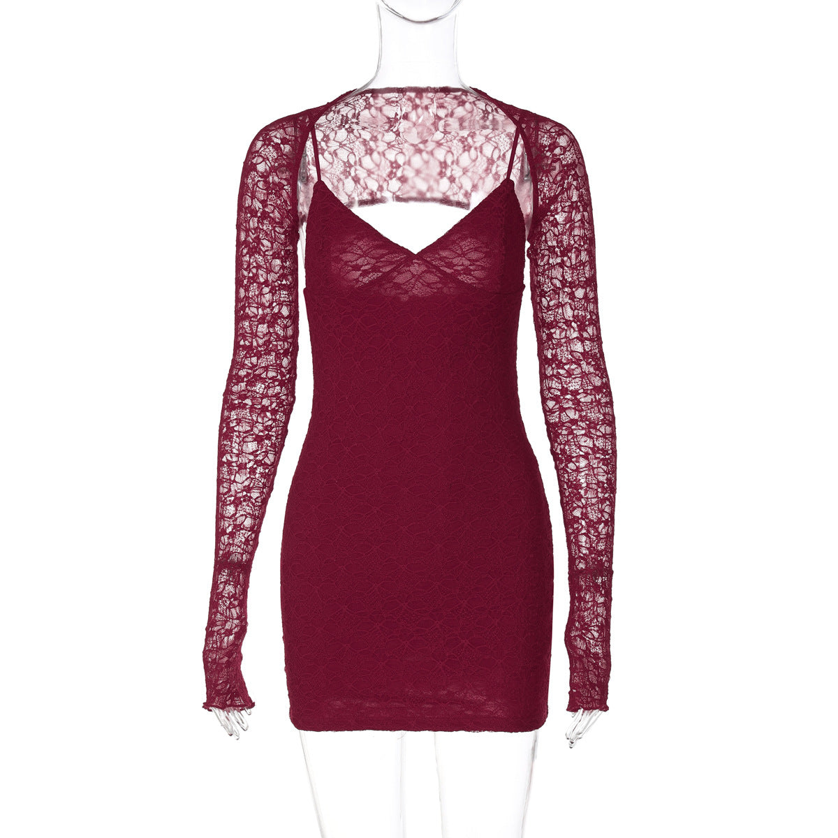 Floral Lace Deep V-Neck Spaghetti Strap Bodycon Mini Dress with Lace Bolero