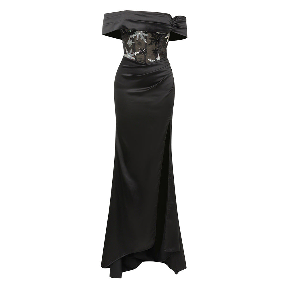 Off Shoulder Sweetheart Mesh Panel Sequin Embroidered High Split Satin Maxi Gown