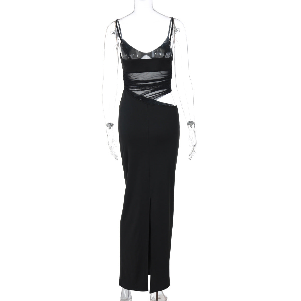 Deep V-Neck Mesh Ruched Waist Diagonal Cutout Column Maxi Dress