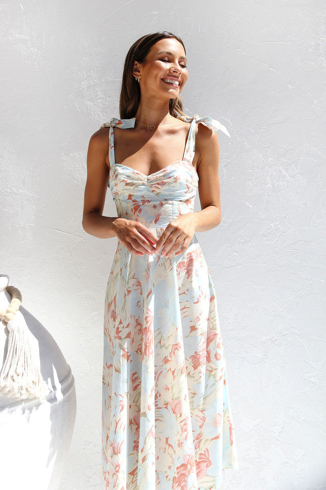 Painterly Floral Print Tie Shoulder Bow Sweetheart Fit and Flare Midi Dress