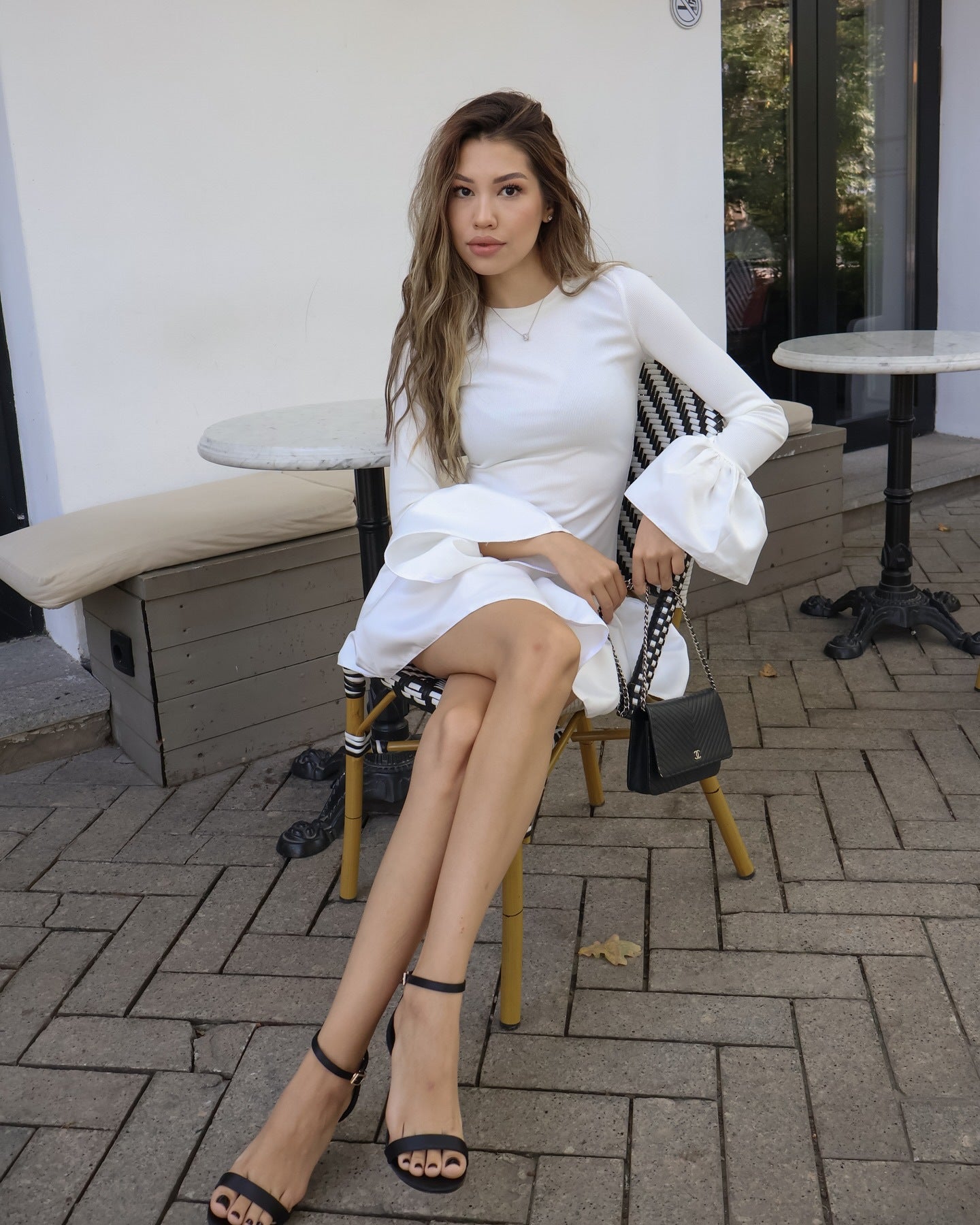Crew Neck Rib Knit Long Sleeve Flared Ruffle Cuff Tiered Hem Mini Dress