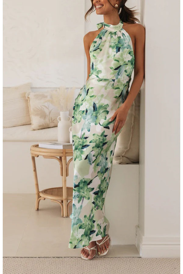 Happier Now Satin Floral Halter Maxi Dress
