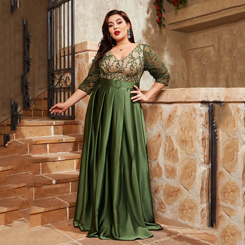 Embroidered Lace Deep V-Neck Belted Three-Quarter Sleeve A-Line Maxi Gown