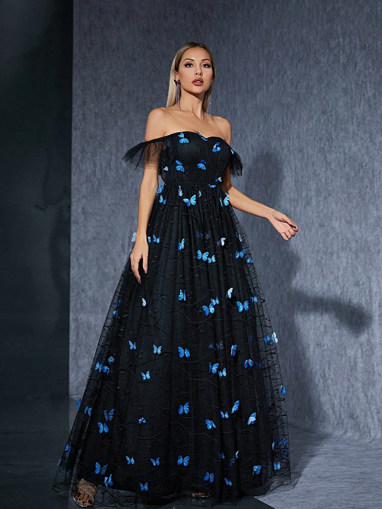 Off Shoulder Butterfly Applique Mesh Overlay Ball Gown Maxi Dress