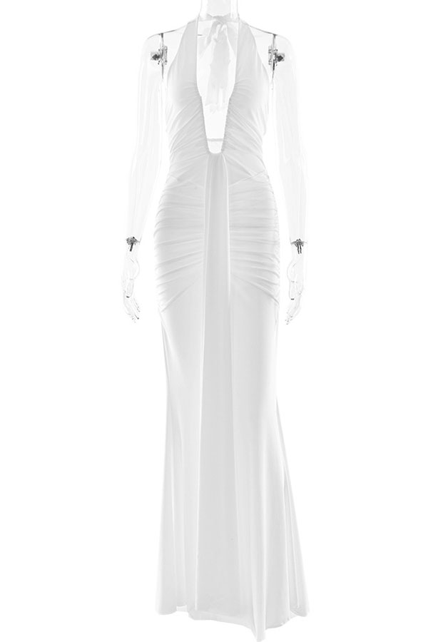 Solid Color Elegant Halterneck V-neck Open Back Tie Gathered Maxi Dress