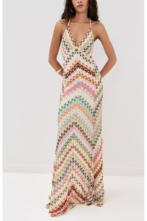 Missoni Summer Knit Colorful Herringbone Print Open Beck Maxi Dress
