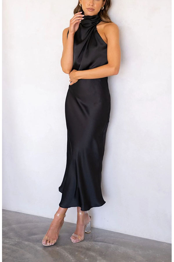 Classic on You Satin High Cowl Neck Top and Elastic Waist Pocket Loose Pants Set