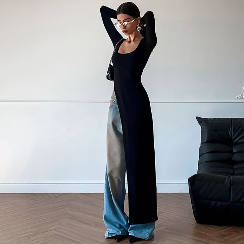 Asymmetric Square Neck Long Sleeve High-Low Hem Top and Wide-Leg Jeans Set