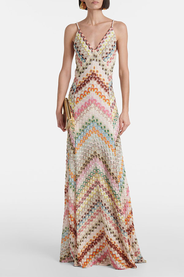 Missoni Summer Knit Colorful Herringbone Print Open Beck Maxi Dress