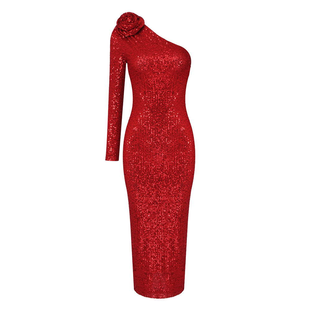 One-Shoulder Long Sleeve Oversized Rosette Applique Sequin Column Maxi Gown