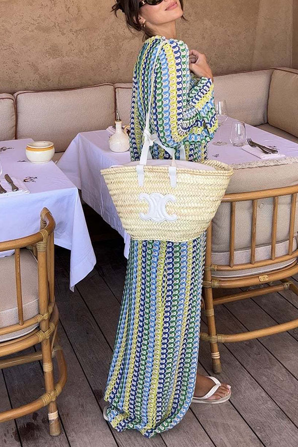 Eleanor Knit Colorful Wave Unique Print Shirt U-neck Long Sleeve Slit Maxi Dress