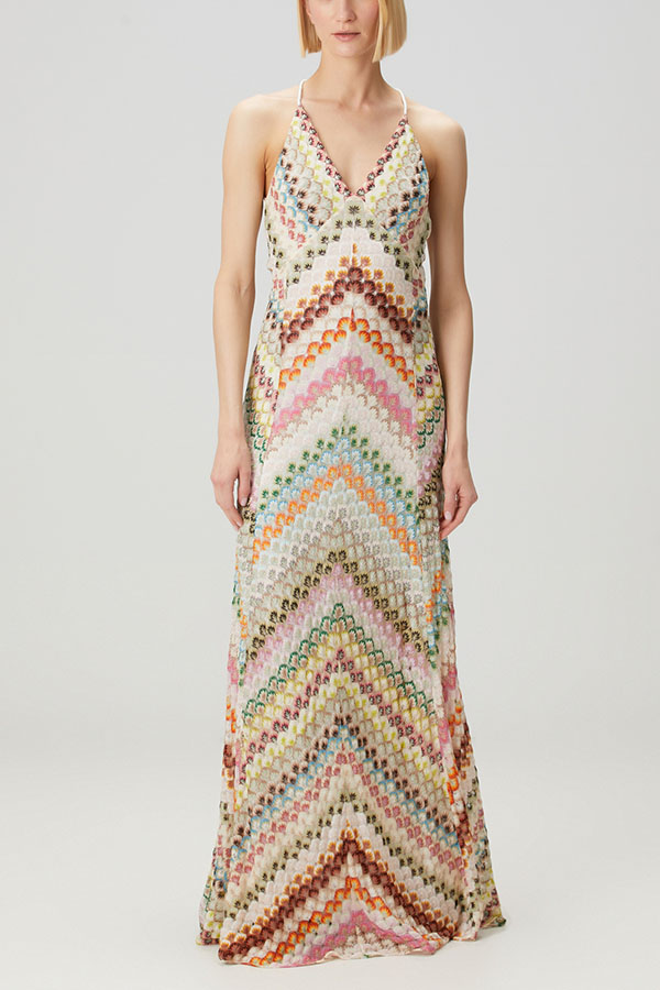 Missoni Summer Knit Colorful Herringbone Print Open Beck Maxi Dress