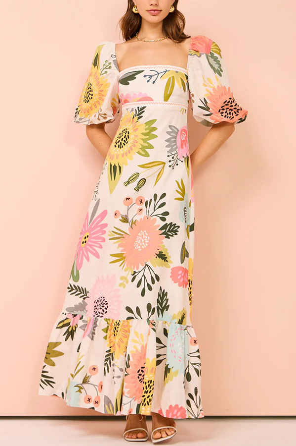 Embrace The Glamour Linen Blend Unique Print Puff Sleeve Pocketed Maxi Dress