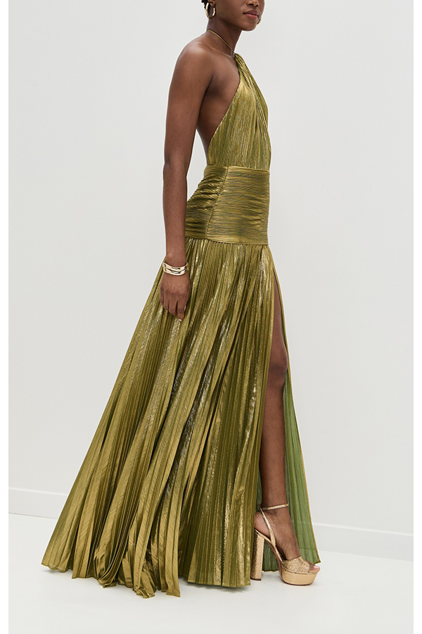 Glamorous Metallic Pleated Fabric Open Back Halter Slit Maxi Dress