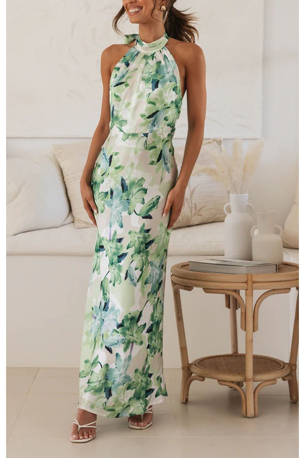 Happier Now Satin Floral Halter Maxi Dress