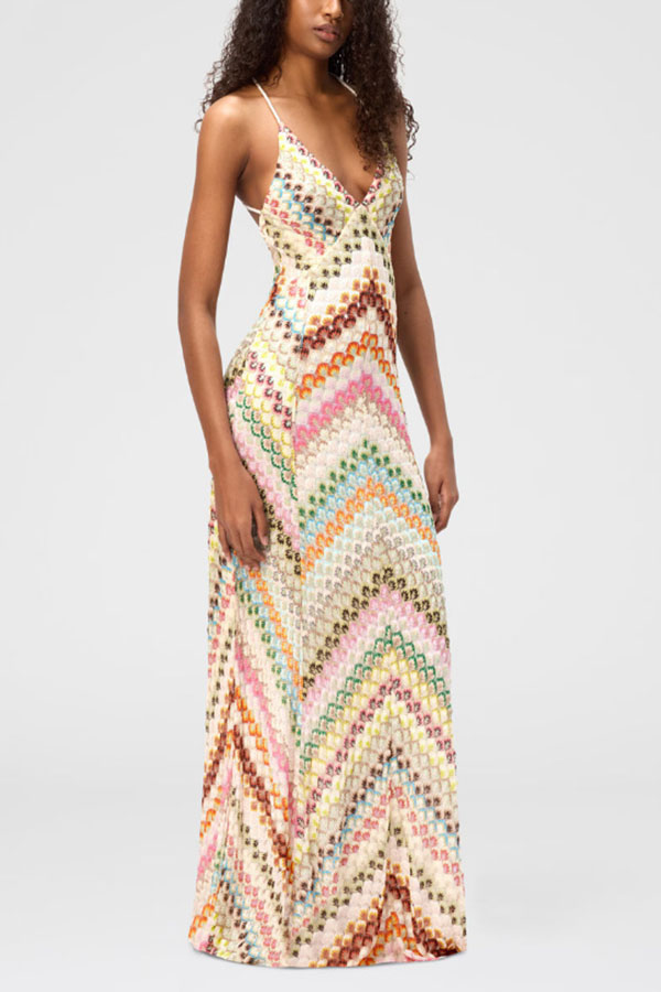 Missoni Summer Knit Colorful Herringbone Print Open Beck Maxi Dress