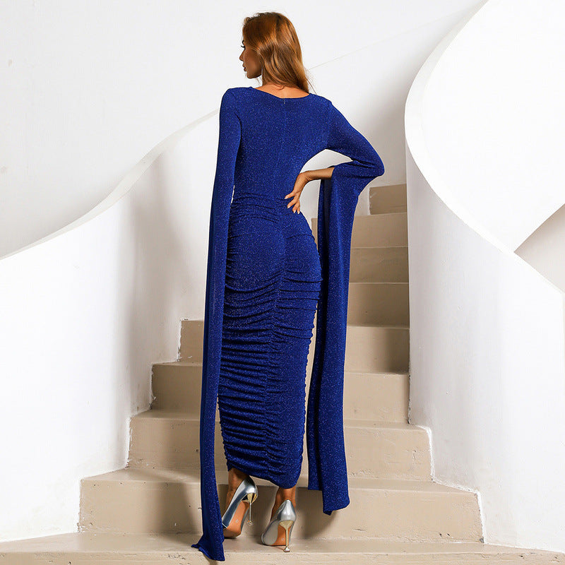 Round Neck Ruched Shimmer Knit Floor-Length Cape Sleeve Maxi Gown