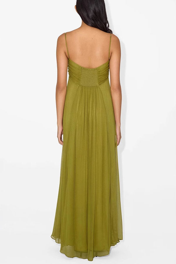 Soft and Elegant Metal Hollow Design Back Smocked A-line Slip Maxi Dress