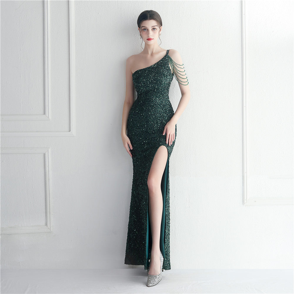 One-Shoulder Chain Tassel Sequin Embellished High Slit Column Maxi Gown