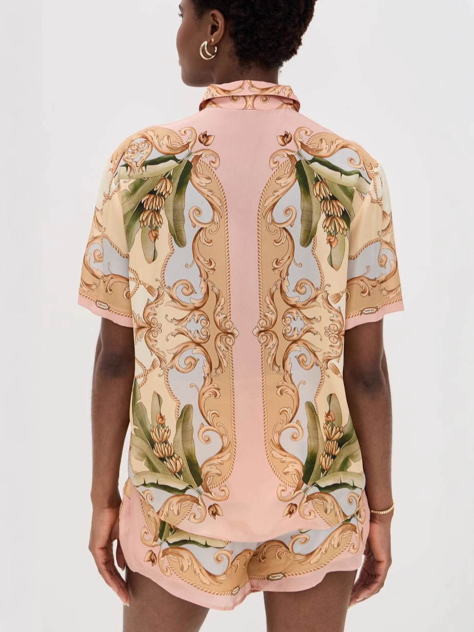Royalty Unique Print Button Up Short Sleeve Shirt and Elastic Waist Pocketed Loose Shorts Set