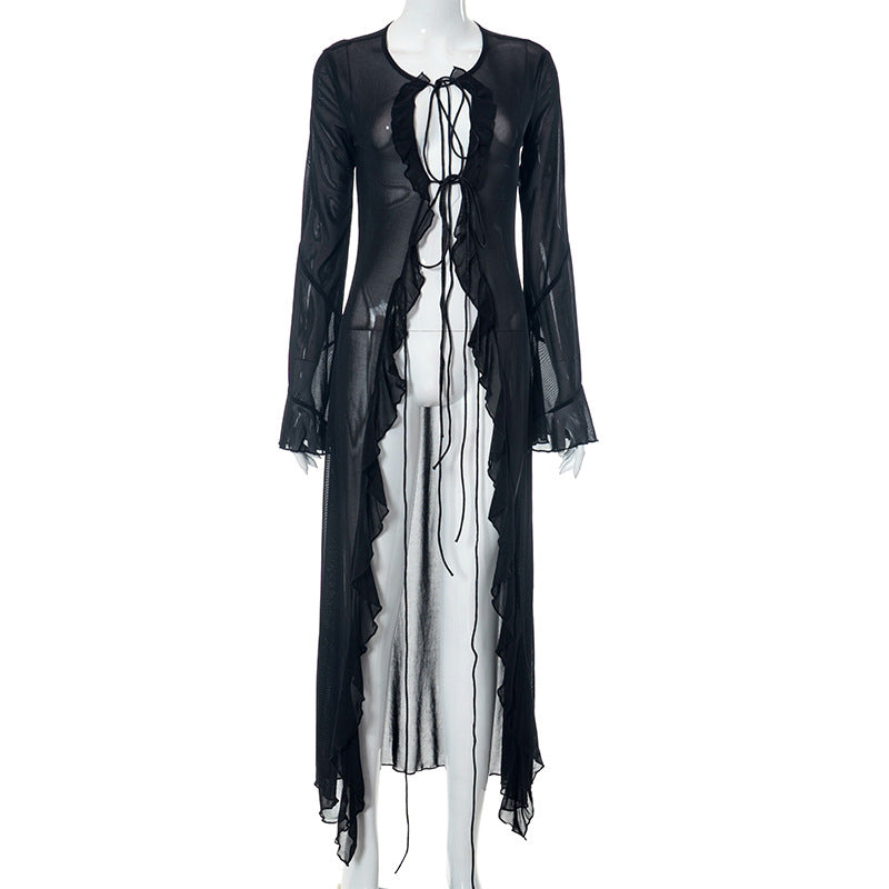 Sheer Tie Front Ruffle Bell Sleeve Mesh Cardigan Bralette Chain Belt Mini Skirt Set