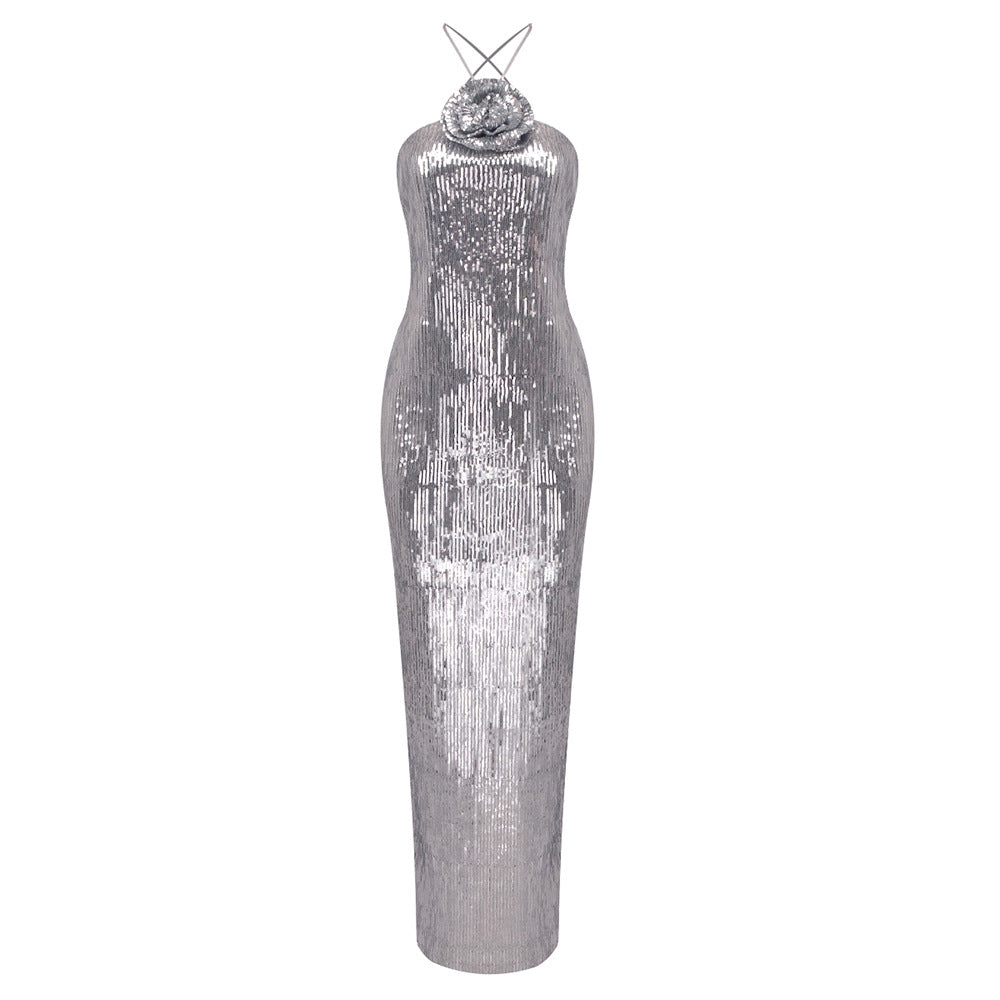 Halter Rosette Sequin Column Maxi Gown