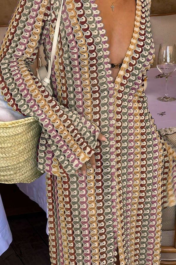 Eleanor Knit Colorful Wave Unique Print Shirt U-neck Long Sleeve Slit Maxi Dress