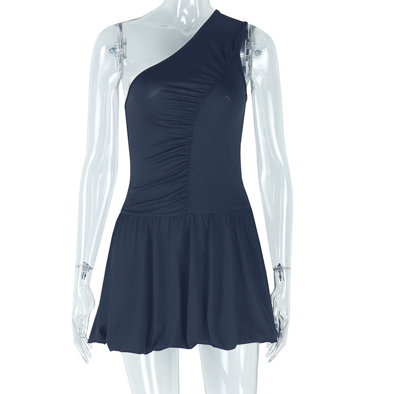 One Shoulder Ruched Dropped Waist Bubble Hem Mini Dress