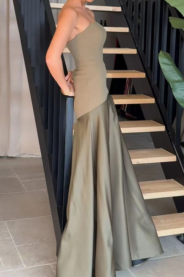 Timeless Elegance Satin Patchwork Strapless Flare Gown Maxi Dress