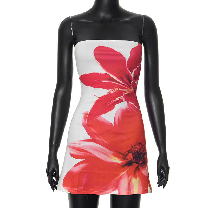 Strapless Large Floral Print Bodycon Tube Mini Dress