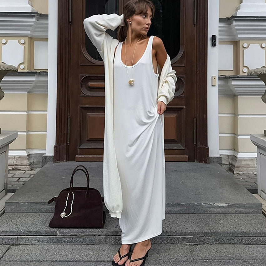 Scoop Neck Sleeveless Knit Maxi Dress and Draped Long Cardigan Two Piece Set
