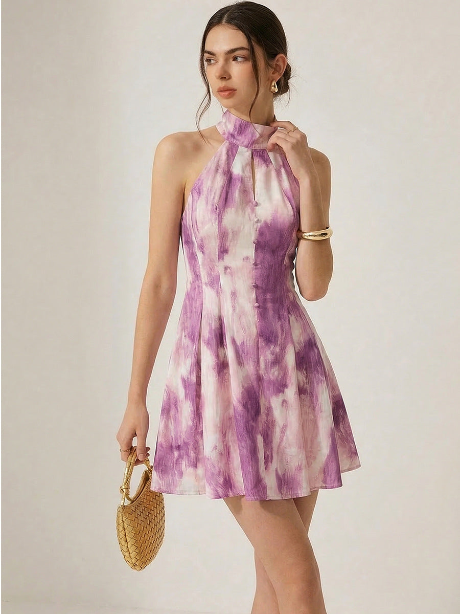 Mock Neck Keyhole Button Front Tie Dye Fit and Flare Mini Dress