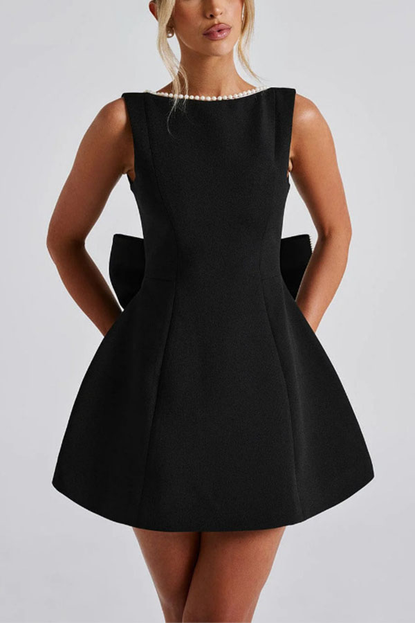 Stylish Pearl-embellished Large Bow Slim-fit Mini Dress