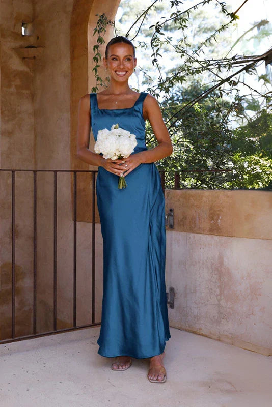 Satin Square Neck Wide Strap Side Slit Maxi Dress