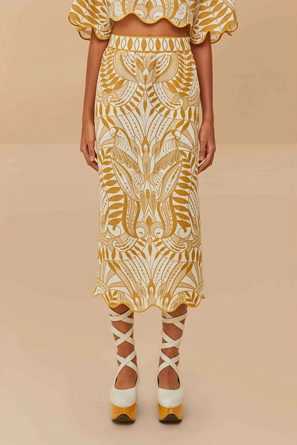 Korra Linen Blend Unique Print Wave Trim Bell Sleeve Top and Elastic Waist Pocket Midi Skirt Set