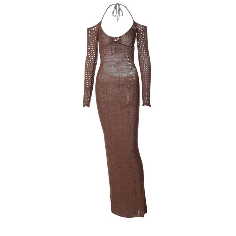 Crochet Knit Cold Shoulder Long Sleeve Halter Keyhole Backless Maxi Dress