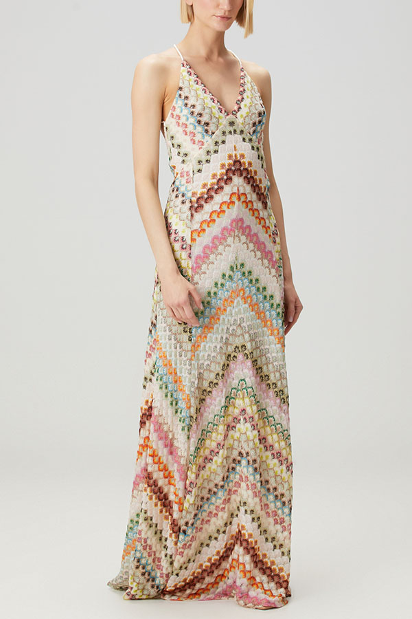 Missoni Summer Knit Colorful Herringbone Print Open Beck Maxi Dress