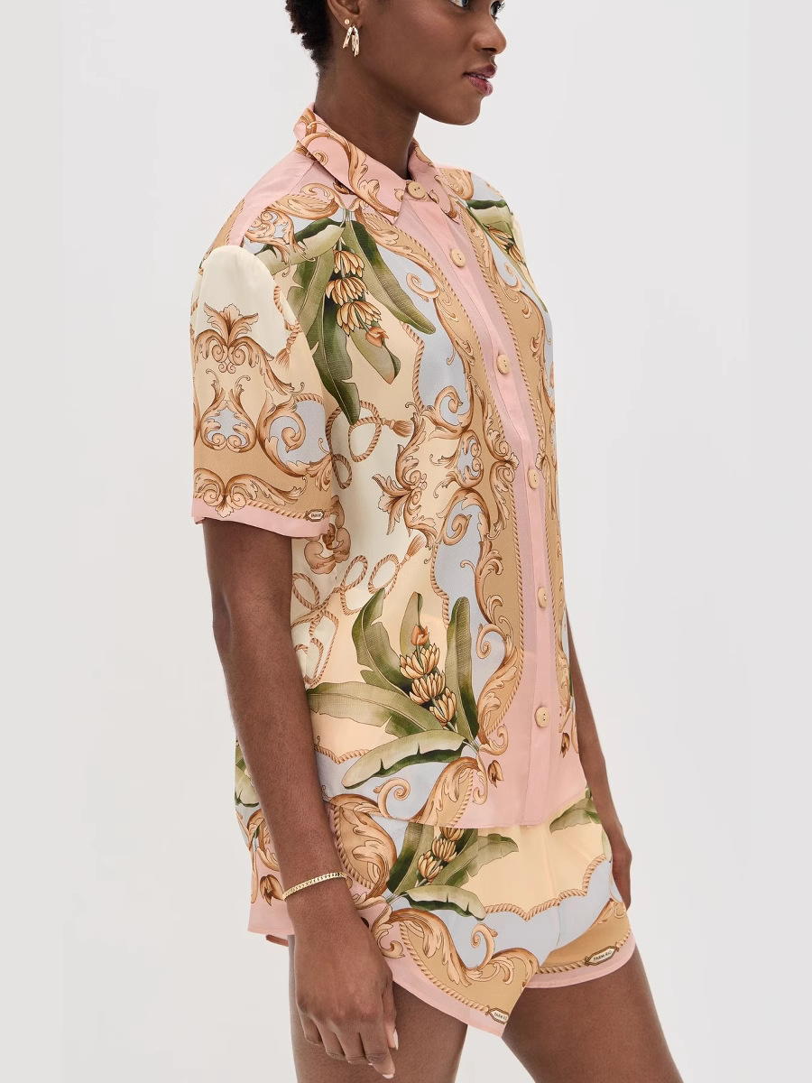 Royalty Unique Print Button Up Short Sleeve Shirt and Elastic Waist Pocketed Loose Shorts Set