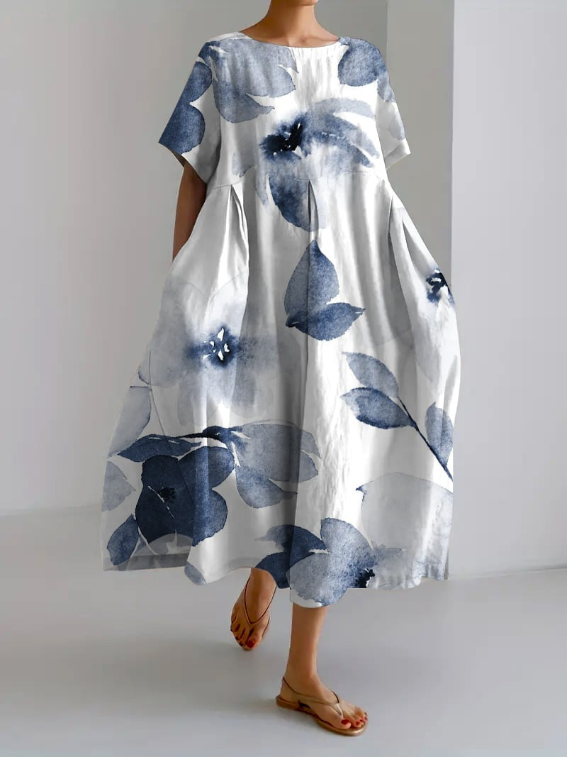 Watercolor Floral Print Tent Sleeve Loose Flowy Maxi Dress